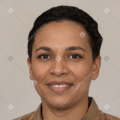 Joyful white adult female with short  brown hair and brown eyes