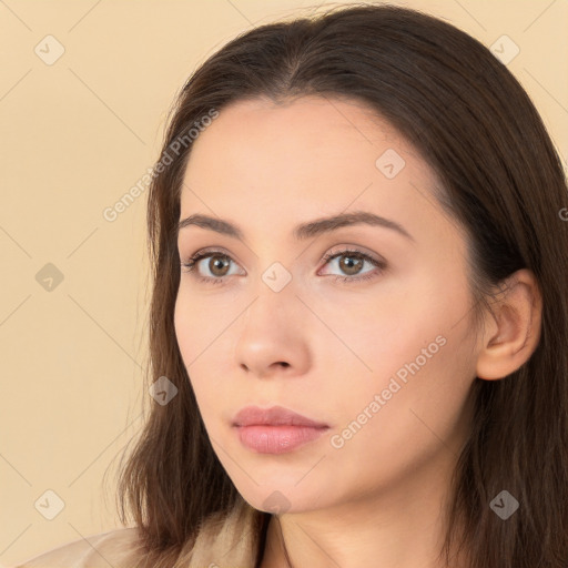 Neutral white young-adult female with long  brown hair and brown eyes