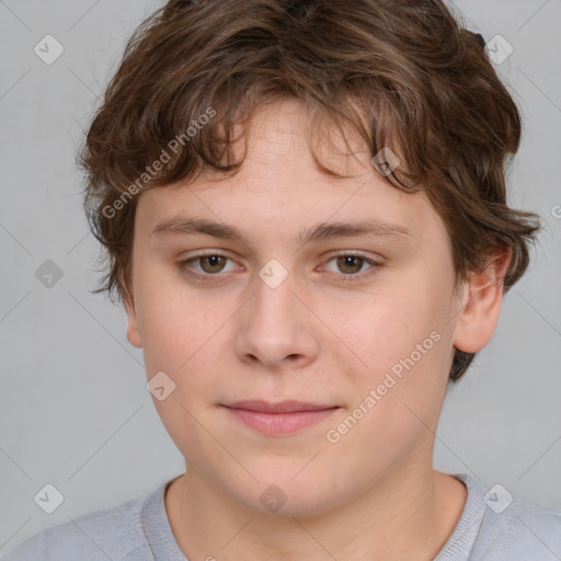 Joyful white child female with short  brown hair and brown eyes