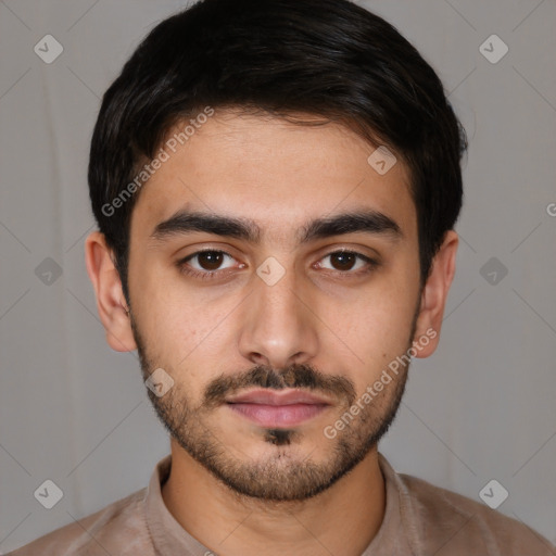 Neutral white young-adult male with short  black hair and brown eyes
