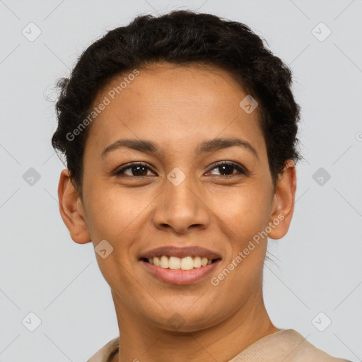 Joyful latino young-adult female with short  brown hair and brown eyes