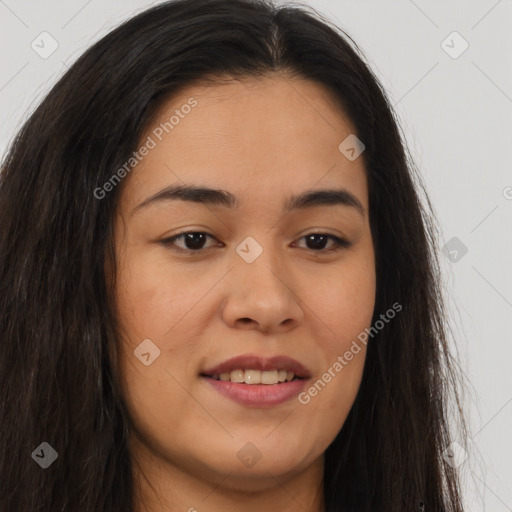 Joyful asian young-adult female with long  brown hair and brown eyes