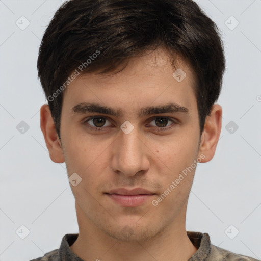 Neutral white young-adult male with short  brown hair and brown eyes