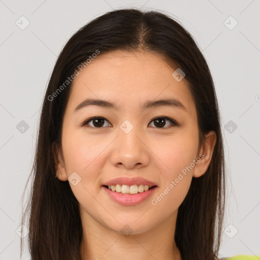 Joyful white young-adult female with long  brown hair and brown eyes