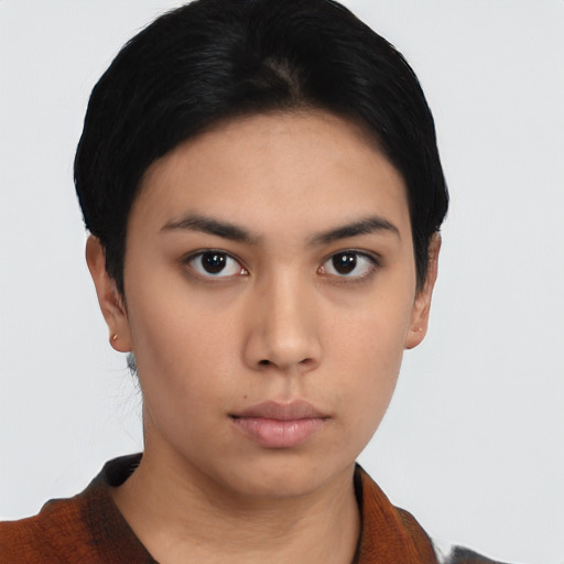 Neutral asian young-adult female with short  brown hair and brown eyes