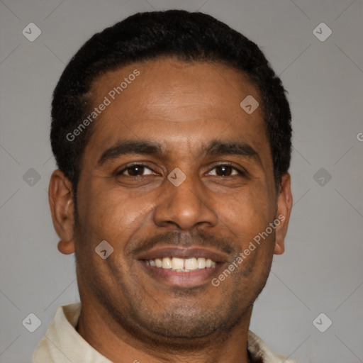 Joyful latino young-adult male with short  brown hair and brown eyes