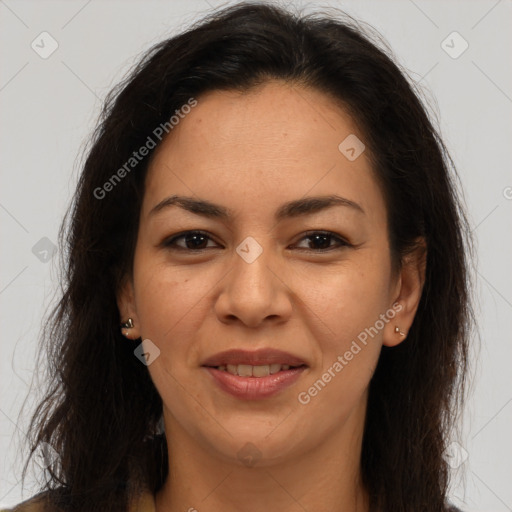 Joyful latino young-adult female with long  brown hair and brown eyes