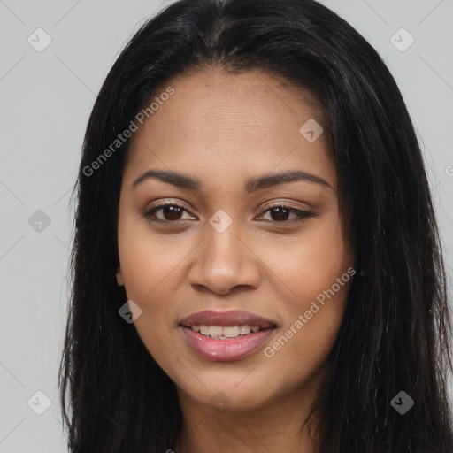 Joyful latino young-adult female with long  brown hair and brown eyes