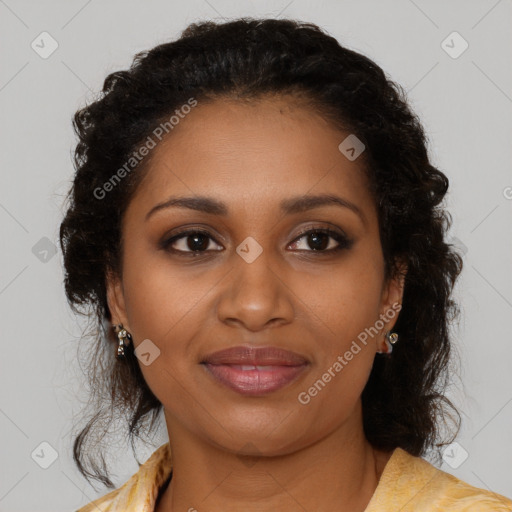 Joyful black young-adult female with medium  brown hair and brown eyes