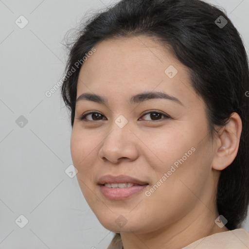 Joyful white young-adult female with medium  brown hair and brown eyes