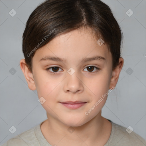 Joyful white child female with short  brown hair and brown eyes