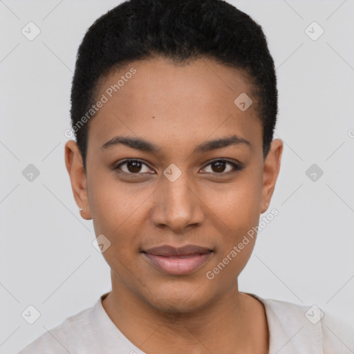 Joyful latino young-adult female with short  brown hair and brown eyes