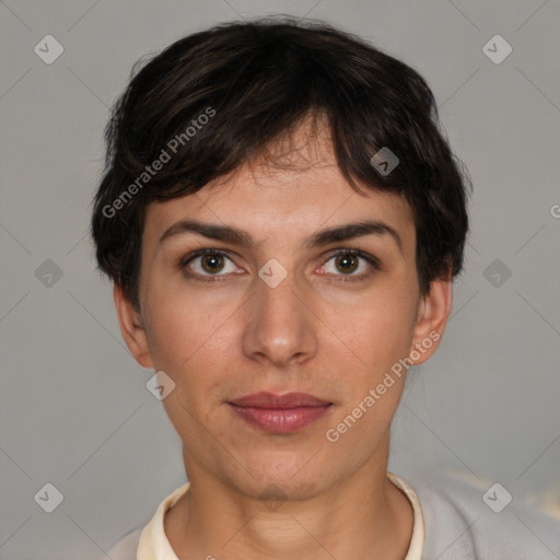 Neutral white young-adult female with short  brown hair and brown eyes