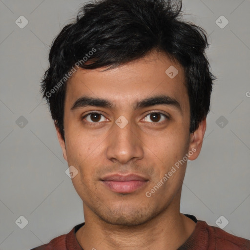 Neutral latino young-adult male with short  black hair and brown eyes