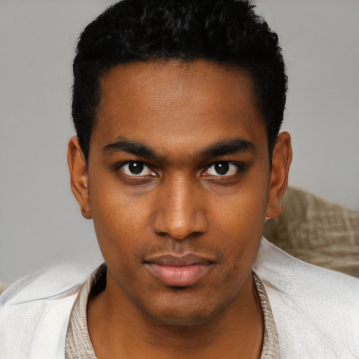 Neutral black young-adult male with short  black hair and brown eyes