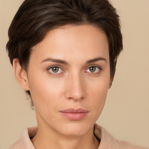 Neutral white young-adult female with short  brown hair and brown eyes