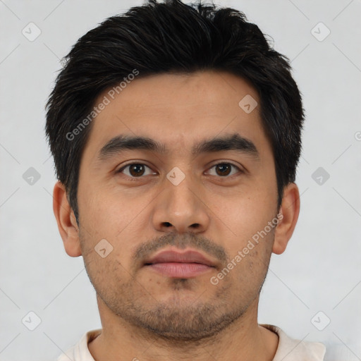 Neutral latino young-adult male with short  black hair and brown eyes