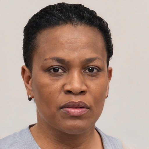 Joyful black adult female with short  brown hair and brown eyes