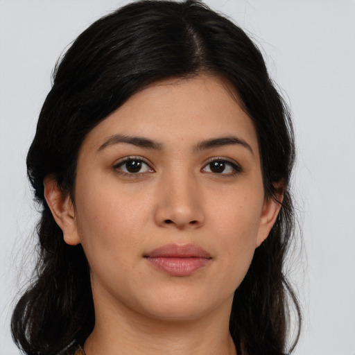 Neutral asian young-adult female with long  brown hair and brown eyes