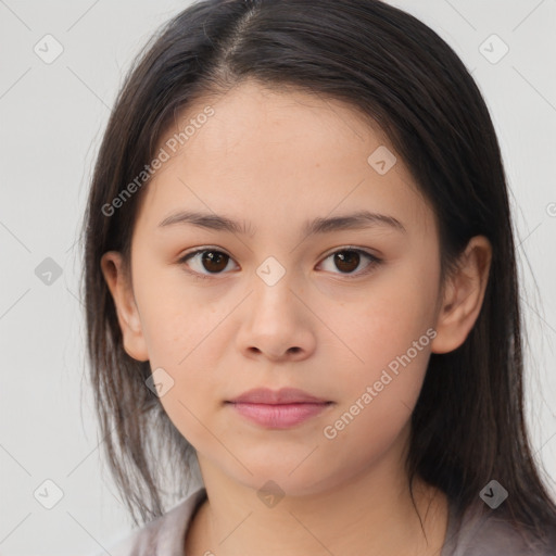 Neutral white young-adult female with medium  brown hair and brown eyes