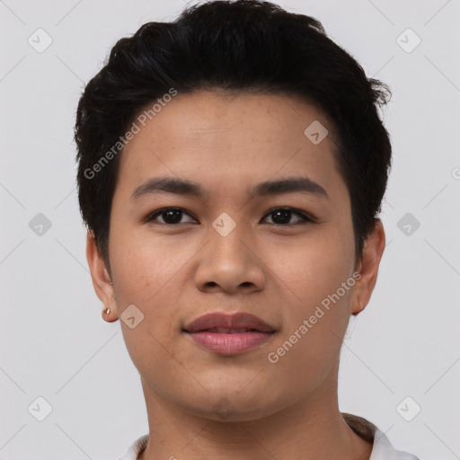 Joyful asian young-adult female with short  brown hair and brown eyes