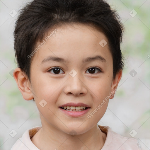 Joyful white child female with short  brown hair and brown eyes