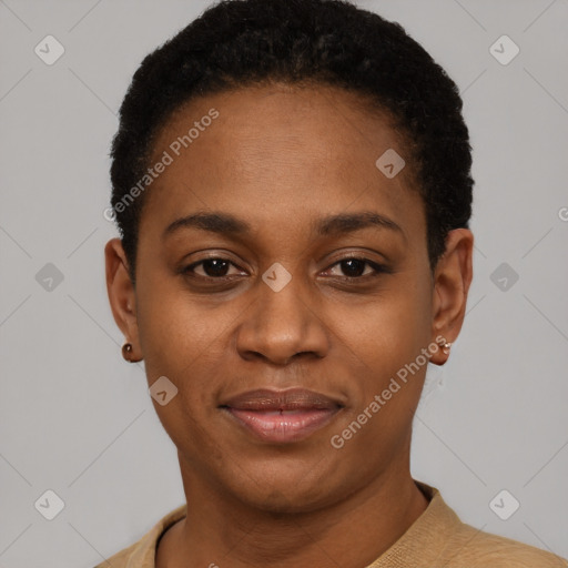 Joyful latino young-adult female with short  black hair and brown eyes