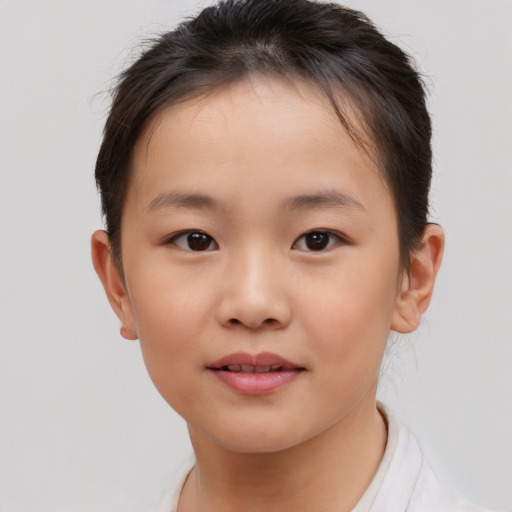 Joyful asian child female with short  brown hair and brown eyes