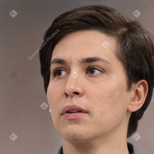 Neutral white young-adult female with medium  brown hair and brown eyes