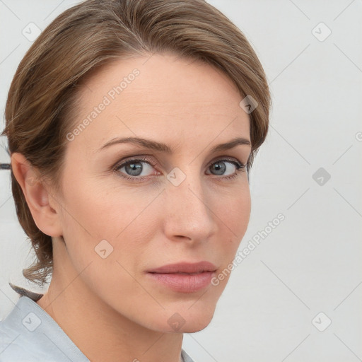 Neutral white young-adult female with medium  brown hair and grey eyes