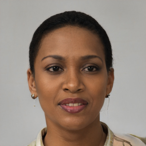 Joyful black young-adult female with short  brown hair and brown eyes