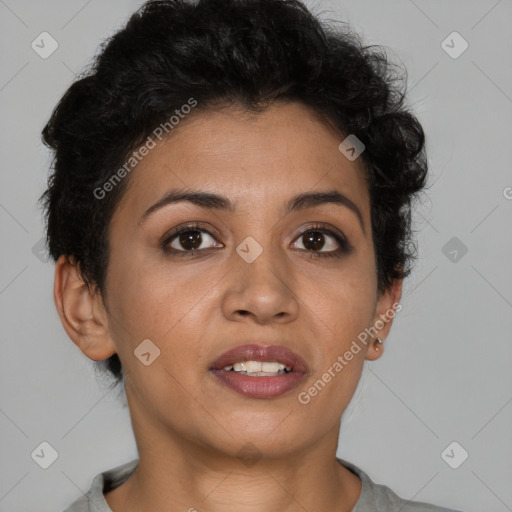 Joyful latino young-adult female with short  brown hair and brown eyes