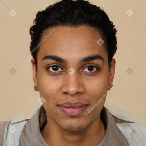 Joyful latino young-adult female with short  black hair and brown eyes