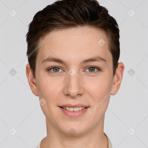 Joyful white young-adult female with short  brown hair and grey eyes