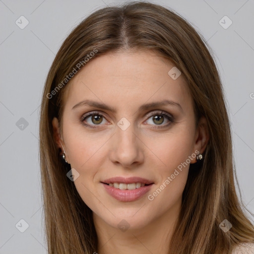 Joyful white young-adult female with long  brown hair and brown eyes