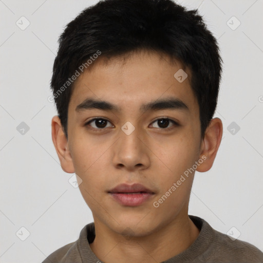 Neutral latino young-adult male with short  black hair and brown eyes