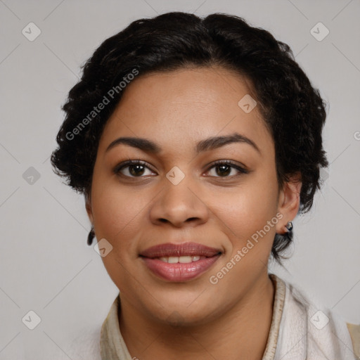 Joyful latino young-adult female with medium  black hair and brown eyes