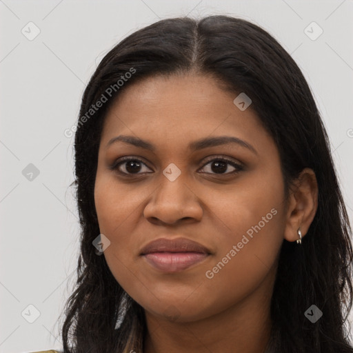 Joyful black young-adult female with long  black hair and brown eyes