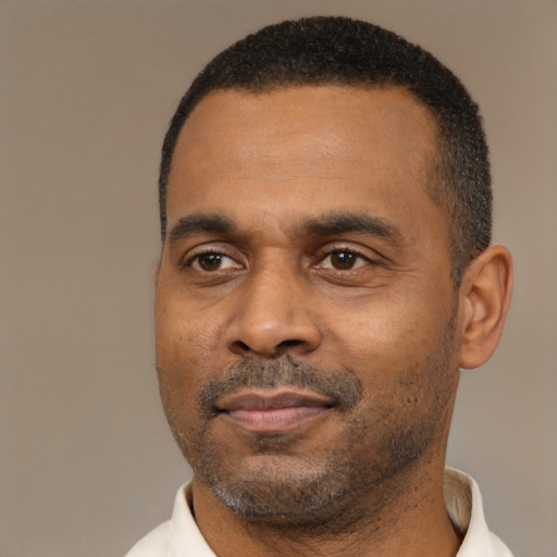 Neutral black adult male with short  black hair and brown eyes
