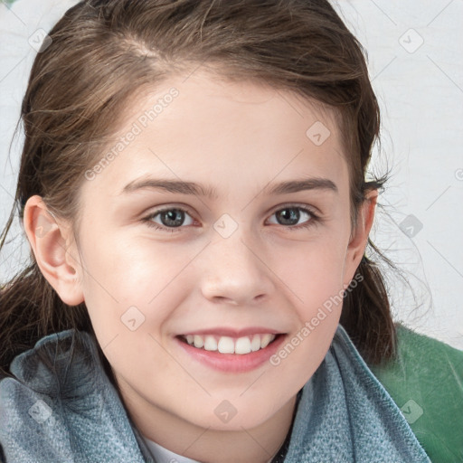 Joyful white child female with medium  brown hair and grey eyes