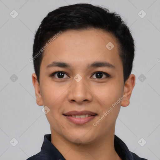 Joyful white young-adult male with short  black hair and brown eyes