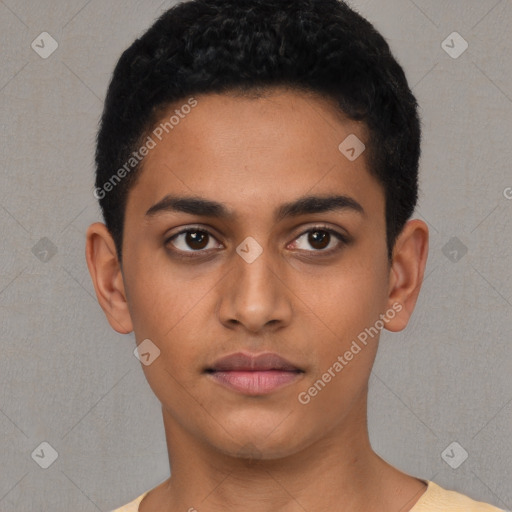 Neutral latino young-adult male with short  black hair and brown eyes