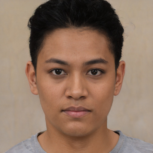 Neutral latino young-adult female with short  black hair and brown eyes