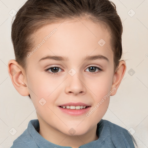 Joyful white child female with short  brown hair and brown eyes