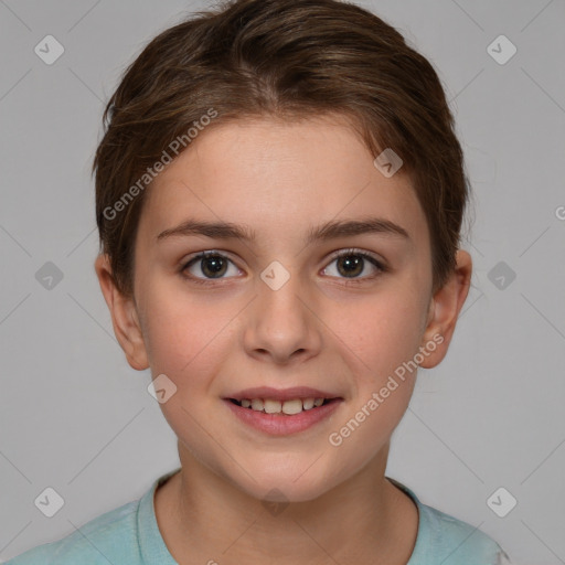 Joyful white child female with short  brown hair and brown eyes