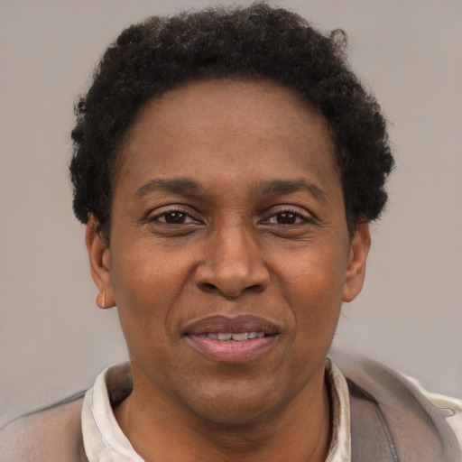 Joyful black adult female with short  brown hair and brown eyes