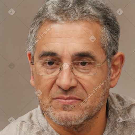 Joyful white middle-aged male with short  brown hair and brown eyes