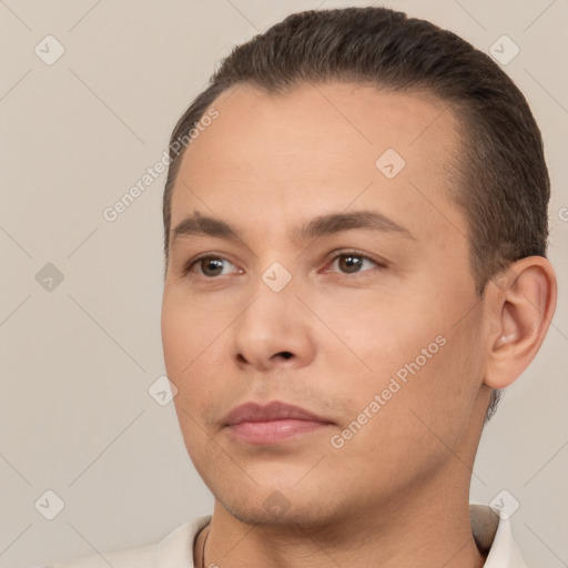 Neutral white young-adult male with short  brown hair and brown eyes