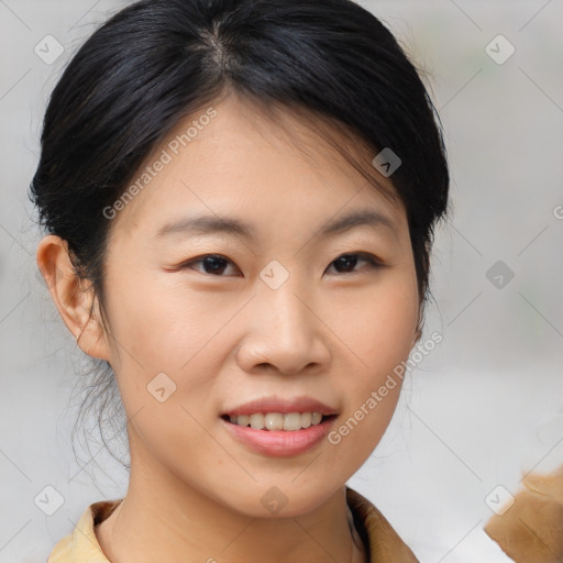 Joyful asian young-adult female with medium  brown hair and brown eyes