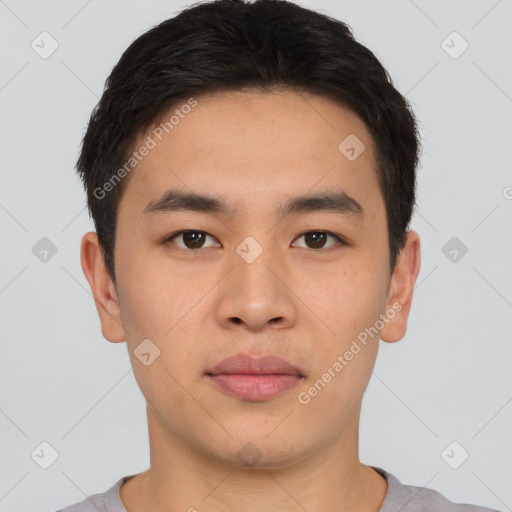 Neutral asian young-adult male with short  brown hair and brown eyes